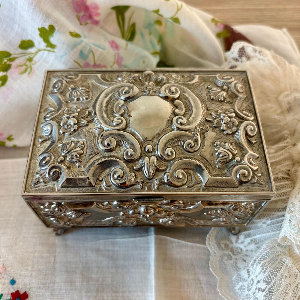 Vintage Silver-Plated Baroque Style Ornate Jewelry Box w/ Blue Velvet Lining